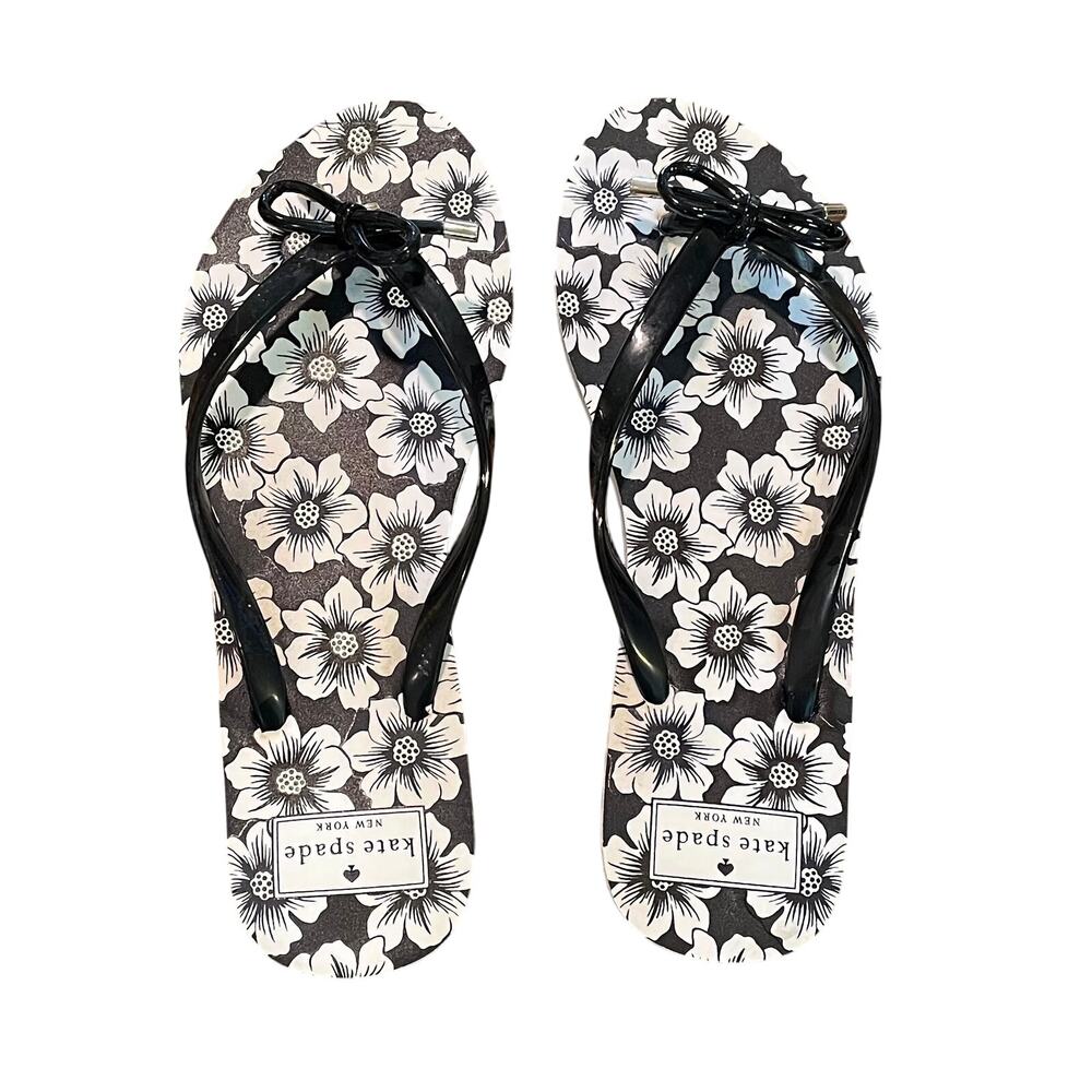 Kate Spade Floral Flip Flops, Black, White, Bow, Charm, Size 9/10